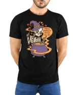 Funny Skeleton Witch Making Happiness Potion Cute Halloween T Shirt - model wearing black tee with hands behind back