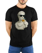 Funny Classical Statue Drinking Whiskey Cool Sunglasses T Shirt - model wearing black tee with hands behind back
