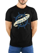 Voyage To The Sea Nautical Ship Wheel Vintage Style T Shirt - model wearing black tee with hands behind back