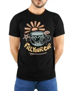 Fill Your Cup Positive Beach Vibes Coffee Lover T Shirt - model wearing black tee with hands behind back