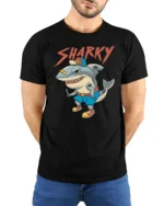 Sharky Funny Cartoon Shark Street Style Graphic T Shirt - model wearing black tee with hands behind back