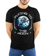 Flying To The Moon Astronaut Space Adventure Graphic T Shirt - model wearing black tee with hands behind back