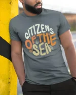 Citizens Of The Sea Cute Ocean Lover Retro Style T Shirt - model wearing grey tee, leaning on column