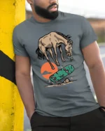 Cool Horse Skater Failing Trick Funny Graphic Tee Tshirt - model wearing grey tee, leaning on column