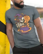 Funny Skeleton Witch Making Happiness Potion Cute Halloween T Shirt - model wearing grey tee, leaning on column