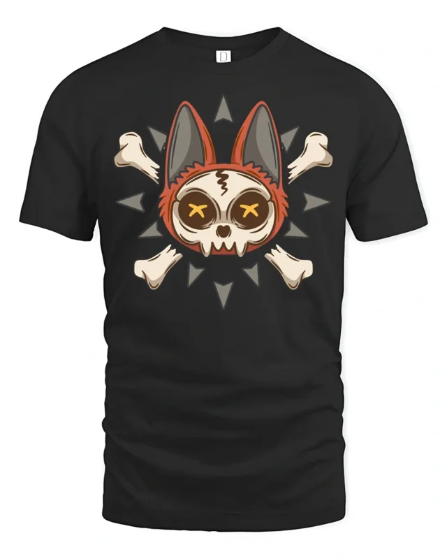 Cute Skull Cat Crossbones Gothic Cartoon Graphic T Shirt - black t-shirt on white background