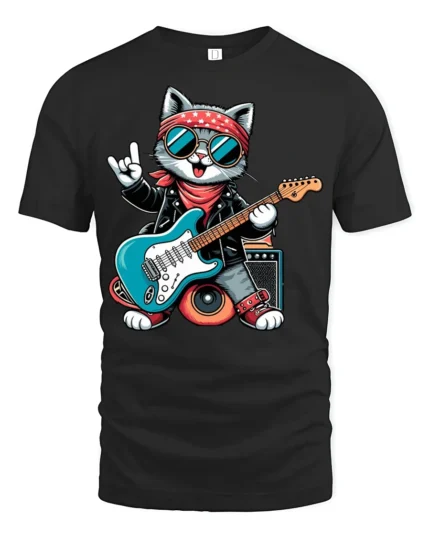 Rock Star Cat Playing Guitar Cool Cartoon Graphic T Shirt - black t-shirt on white background
