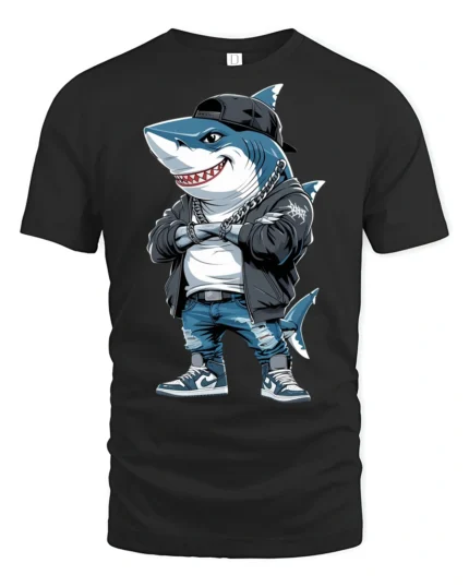 Hip Hop Shark With Chains Street Style Graphic Tee - black t-shirt on white background
