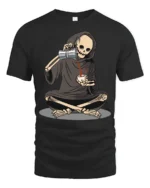 Funny Grim Reaper Drinking Coffee Dark Humor T Shirt - black t-shirt on white background