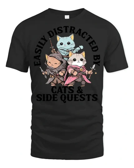 Easily Distracted By Cats And Side Quests Funny Gamer T Shirt - black t-shirt on white background