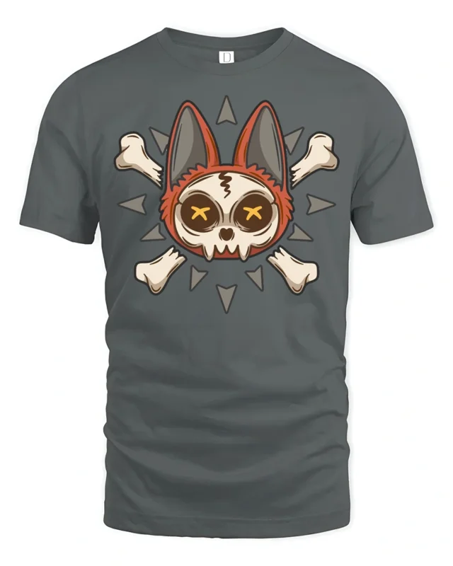 Cute Skull Cat Crossbones Gothic Cartoon Graphic T Shirt - gray t-shirt on white background