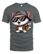 Stylish Hip Hop Cat With Shades Cute Cartoon T Shirt - gray t-shirt on white background