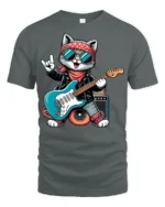 Rock Star Cat Playing Guitar Cool Cartoon Graphic T Shirt - gray t-shirt on white background