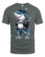 Hip Hop Shark With Chains Street Style Graphic Tee - gray t-shirt on white background