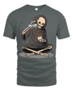 Funny Grim Reaper Drinking Coffee Dark Humor T Shirt - gray t-shirt on white background