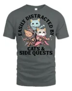 Easily Distracted By Cats And Side Quests Funny Gamer T Shirt - gray t-shirt on white background