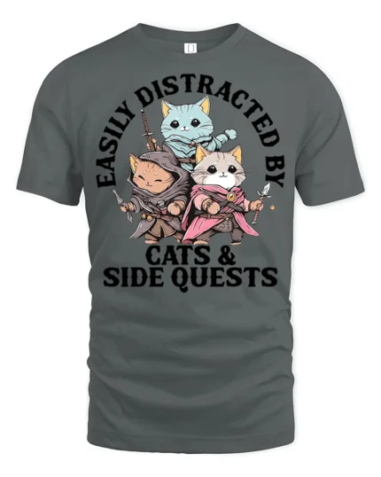 Easily Distracted By Cats And Side Quests Funny Gamer T Shirt - gray t-shirt on white background