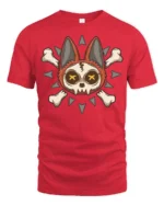 Cute Skull Cat Crossbones Gothic Cartoon Graphic T Shirt - red t-shirt on white background