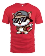 Stylish Hip Hop Cat With Shades Cute Cartoon T Shirt - red t-shirt on white background