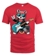 Rock Star Cat Playing Guitar Cool Cartoon Graphic T Shirt - red t-shirt on white background