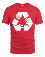 Funny Rock Paper Scissors Recycle Symbol Humor T Shirt - red t-shirt on white background