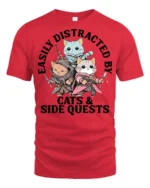 Easily Distracted By Cats And Side Quests Funny Gamer T Shirt - red t-shirt on white background