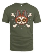 Cute Skull Cat Crossbones Gothic Cartoon Graphic T Shirt - military green t-shirt on white background