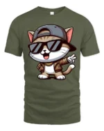 Stylish Hip Hop Cat With Shades Cute Cartoon T Shirt - military green t-shirt on white background