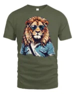 Cool Lion With Sunglasses Stylish Animal Graphic T Shirt - military green t-shirt on white background