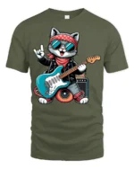 Rock Star Cat Playing Guitar Cool Cartoon Graphic T Shirt - military green t-shirt on white background
