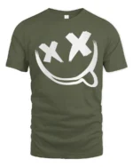 Edgy Smiley Face X Eyes Tongue Out Cool Graphic Tee - military green t-shirt on white background