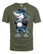 Hip Hop Shark With Chains Street Style Graphic Tee - military green t-shirt on white background