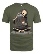 Funny Grim Reaper Drinking Coffee Dark Humor T Shirt - military green t-shirt on white background