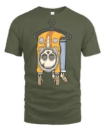 Quirky Skeleton In Hoodie On Hanger Funny Graphic Tee - military green t-shirt on white background