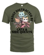 Easily Distracted By Cats And Side Quests Funny Gamer T Shirt - military green t-shirt on white background
