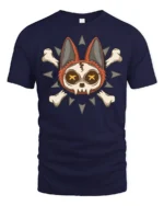 Cute Skull Cat Crossbones Gothic Cartoon Graphic T Shirt - navy t-shirt on white background
