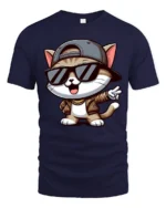Stylish Hip Hop Cat With Shades Cute Cartoon T Shirt - navy t-shirt on white background