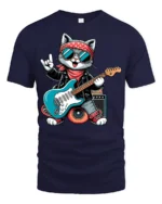 Rock Star Cat Playing Guitar Cool Cartoon Graphic T Shirt - navy t-shirt on white background