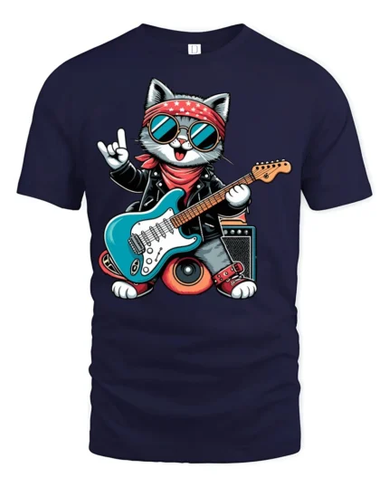 Rock Star Cat Playing Guitar Cool Cartoon Graphic T Shirt - navy t-shirt on white background