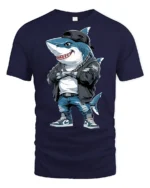 Hip Hop Shark With Chains Street Style Graphic Tee - navy t-shirt on white background