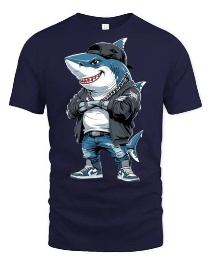Hip Hop Shark With Chains Street Style Graphic Tee - navy t-shirt on white background
