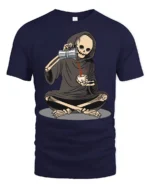 Funny Grim Reaper Drinking Coffee Dark Humor T Shirt - navy t-shirt on white background