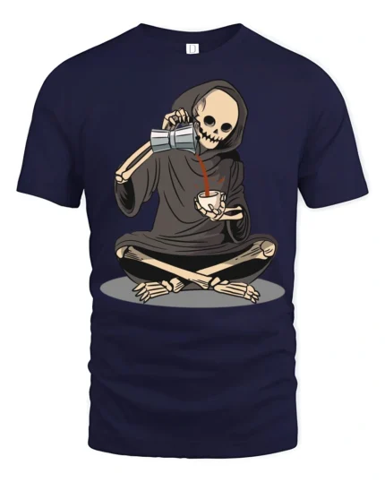 Funny Grim Reaper Drinking Coffee Dark Humor T Shirt - navy t-shirt on white background