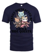 Easily Distracted By Cats And Side Quests Funny Gamer T Shirt - navy t-shirt on white background