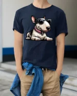Cool Bull Terrier Dog With Sunglasses Funny Graphic T Shirt - model wearing navy tee with hands in pockets