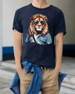 Cool Lion With Sunglasses Stylish Animal Graphic T Shirt - model wearing navy tee with hands in pockets