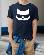 Stylish Cat Sunglasses Minimal Graphic Cool Cat T Shirt - model wearing navy tee with hands in pockets