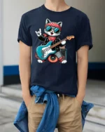 Rock Star Cat Playing Guitar Cool Cartoon Graphic T Shirt - model wearing navy tee with hands in pockets