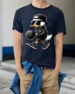 Hip Hop Duck Basketball Player Urban Style Graphic Tee - model wearing navy tee with hands in pockets