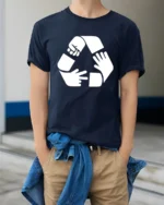 Funny Rock Paper Scissors Recycle Symbol Humor T Shirt - model wearing navy tee with hands in pockets